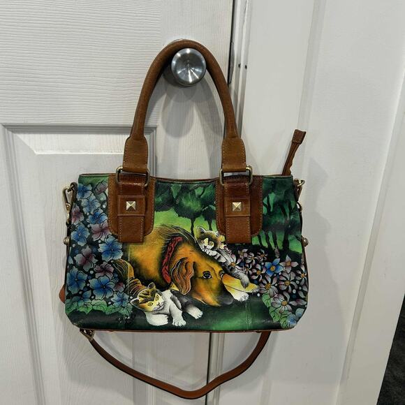 Sharif Handbags - Original by Sharif 1827 Leather Hand Painted Dog Cats Shoulder Bag Purse